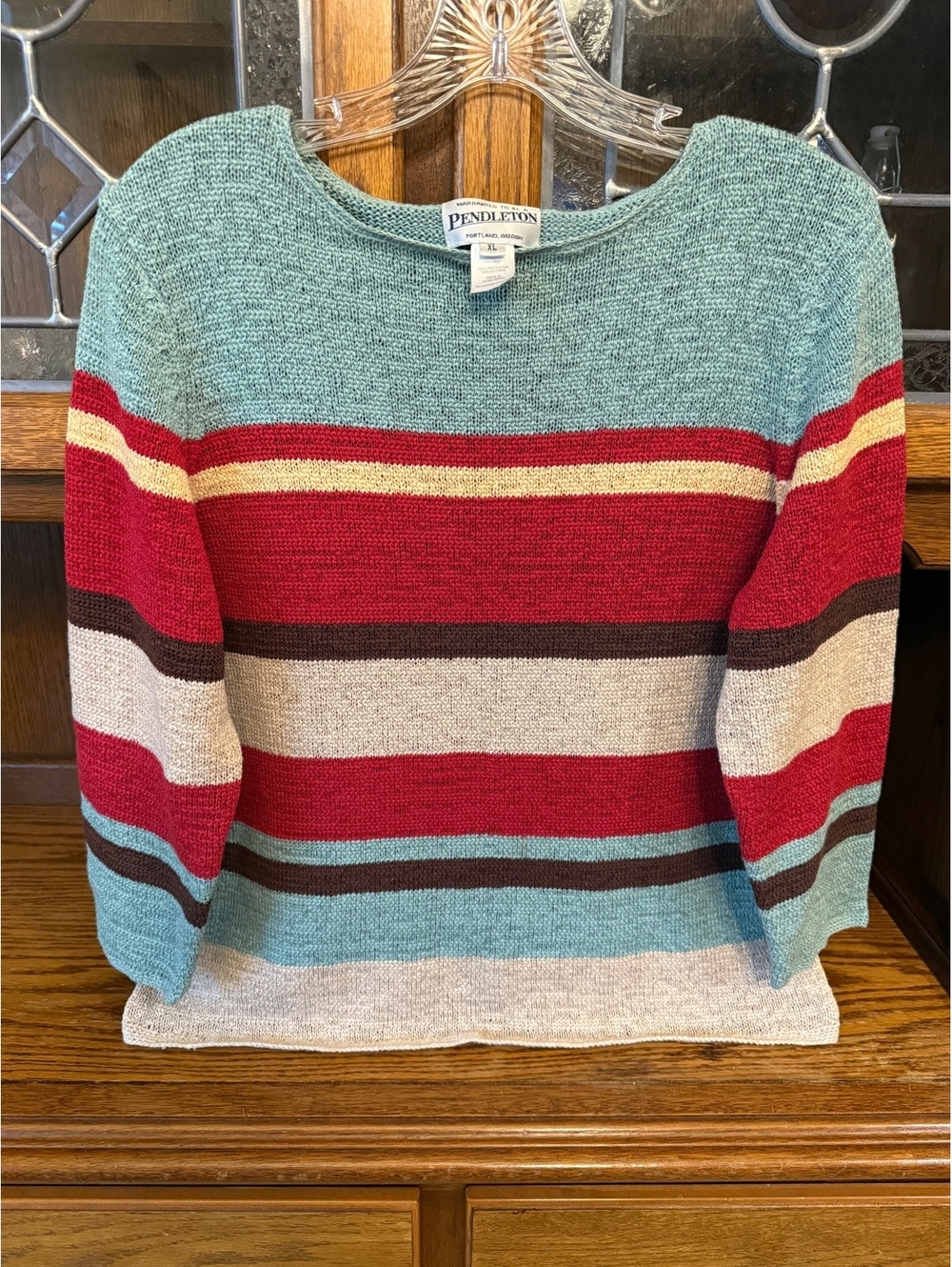 Vintage Pendleton Striped Sweater XL Boat Neck 3/4 Sleeve Open Knit Red Teal